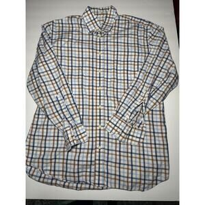 Peter Millar Button Front Shirt Men Large Blue Brown Plaid 100% Cotton Pocket